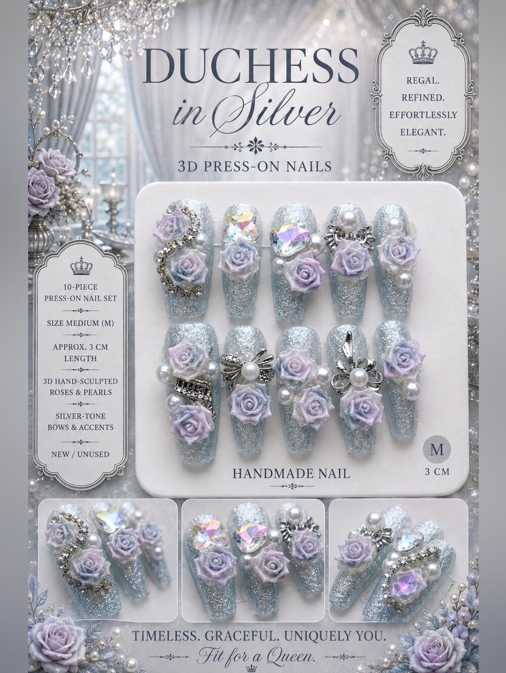 Duchess in Silver 👑🌹 | 3D Rose Pearl Press-On Nails